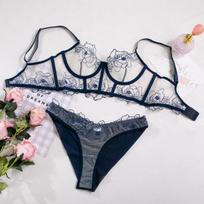 Herringbone Backless Corset & See-Through Lingerie Set with Triangle Panties Small mėlyna