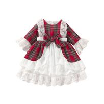Kareiviškos languotos su nėriniu apvadu ir kaspinėliu ilgomis rankovėmis Kalėdinė princesės suknelė 2023 100cm (18-24 months) raudona