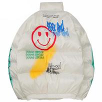 Hiphopo striukė Parka Happy Graffiti Print Vyriški vėjo striukė Gatvės drabužiai Harajuku žieminė paminkštinta striukė Paltas šiltas viršutinis drabužis storas M balta