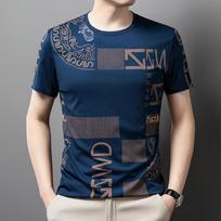 New Men's Clothing Middle-aged Young Men's Round Neck Short-sleeved T-shirt Printed Fashionable Slim Versatile Base Top L mėlyna