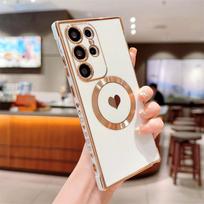 Prabangus Side Love Plated Magnetic Suction belaidžio įkrovimo telefono dėklas Tinka Samsung S23 S22 S21 Plus Ultra S20 FE apsauga nuo kritimo Samsung S23 tamsiai violetine spalva