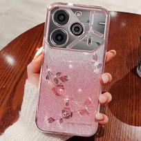Phone Case For Tecno Pova 6 5G/Pova 6 Pro 5G, Flash Pink Flower Transparent Shock Protection Luxury Diamond Shining Protective Cover Tecno Pova 6 5G rožinė