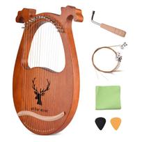 16 stygų lyra arfa, masyvi mediena, styginių instrumentas su elnio raštu, derinimo plaktukas, stygos, valymas ruda