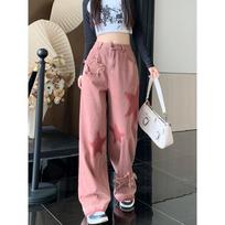 New Tie-dye Design Star Cowgirl Niche Style Wide-leg Dopamine Casual Trousers Jeans S raudona