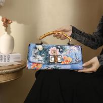 „Johnature Cheongsam“ odinė rankinė „Vintage Print“ moteriška rankinė Rankų darbo elegantiški moteriški pečių ir kryžminio kūno krepšiai mėlyna