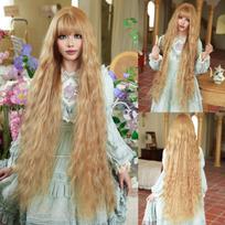 Naujas moteriškas perukas Itin ilgas 110 cm auksinių garbanotų plaukų Cosplay Lolita Natural elastingas kvėpuojantis perukas 110cm 43inch