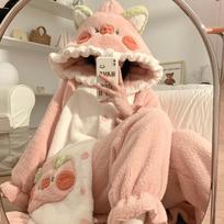 Sweet Hooded Animal Onesies kailinių pižamų komplektas Moteriškas žieminis flanelinis miegui Kombinezonas Chalatas Naktinis Rožinis animacinis naktinis marškinys Naminiai drabužiai porai Dovana L