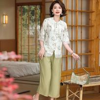 Mom's Summer Cotton-Linen Stylish Middle-aged Women's Summer Short Sleeve New Shirt XL chaki