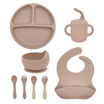Silikoniniai indai 8 dalių rinkinys Kūdikio maisto dubenėlis Siurbimo puodelis Atskirtas lėkštė Vaikų seilinukas Puodelis 8-piece set