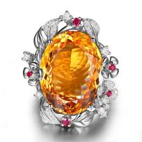 Luxurious Sparkling Yellow Crystal Gemstone Ring with Cherry Blossom Design, adorned with Floral Branches, Leaves, Oval Diamonds, and Yellow Diamonds. Adjustable