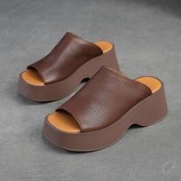 „Johnature“ natūralios odos storais padais „Peep Toe“ batai moteriški vintažiniai pleištai, šlepetės lauko platforma 35 abrikosas