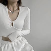 Seksualūs marškinėliai ilgomis rankovėmis Streetwear Y2k drabužiai Trikotažo Crop Populiariausi Korėjos mados pavasario rudens trumpi liesi marškinėliai L balta