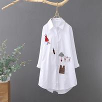 Plus Size Mid-length White Embroidered Shirt Women's Long-sleeved Spring Autumn Round Neck Cotton Button Patchwork Cardigan Top S smėlis