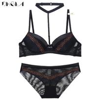 DKGEA Fashion Halter Sexy apatinio trikotažo rinkinys moteriškas nėriniuotas Push Up liemenėlė stora liemenėlė 70B juoda