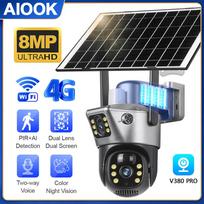 AIOOK 4G saulės kamera HD dvigubo objektyvo 8MP 4K WiFi PTZ CCTV kamera Dviejų krypčių garso domofonas, atsparus vandeniui lauko spalvotas naktinis matymas 4G Camera