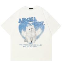 Gatvės drabužiai Angel Cat Grafiniai marškinėliai medvilniniai marškinėliai unisex viršutiniai marškinėliai vasaros trumpomis rankovėmis marškinėliai S balta