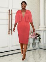 AOMEI „Tassel Midi“ suknelės moterims didelio dydžio tiulio V kaklo trumpomis kutais rankovėmis „Empire Bodycon“ gimtadienio vakarėlio suknelės M raudona
