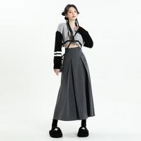 Vintage Grey Suit A-line Skirt Women's Spring Autumn College Style High Waist Pleated Mid Length Skirt Femal L pilka