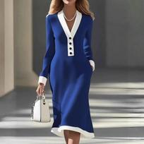 Women's Elegant Commuting Two-tone V-neck MIDI Dress XXL mėlyna
