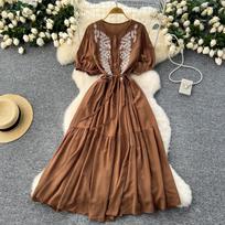 Vintažinė suknelė su kaklu moterims pūstomis rankovėmis siuvinėtomis nėriniuotomis A formos suknelės Tvirtas kratinys, mygtukas Vestido vasara One Size juoda