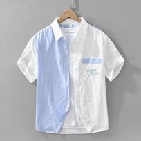 Japanese Contrasting Color Splicing Short-sleeved Shirt Men's Summer High-end Literary and Casual Versatile Loose Collar L mėlyna