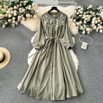 Bohemiškos ilgos suknelės moterims O kaklo žibintuvėlėmis rankovėmis, siuvinėjimu šventinėmis Vestidos A formos suvarstoma rudens suknelė Vintažinė One Size armijos žalia spalva