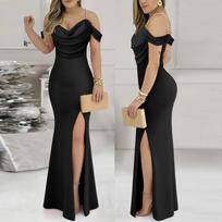 Women's Fashionable Evening Gown: Strapless, Slit, Fitted Waist, Bodycon Dress M mėlyna