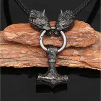 Nordic Viking Thor Hammer pakabukas karoliai Sidabriniai juodi vilko galvos karoliai vyriški papuošalai juoda