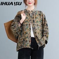 IHUASU Medvilnės ir lino moteriški marškiniai Vintage Oversized Bluzonai Gėlių raštas Harajuku Raglaninė rankovė Laisvi Kasdieniai Moteriški Marškiniai su sagomis Viršūnės L