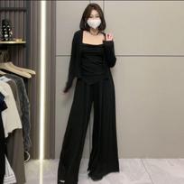 **Three-Piece Set: Women's Camisole, Cardigan, and Wide-Leg Pants for Spring and Autumn** L (106-115 lbs) juoda trijų dalių komplekto spalva