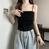 Spicy Girl Fashion Sexy Versatile Strap Bottom Small Tank Solid Women's Folds Screw Thread Summer with Chest Pad Sleeveless Tops one size juoda