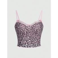 Moteriška leopardinė tinklinė, sujungta nėriniais, su gėlių nėriniu krašteliu, figūrą pabrėžianti camisole S rožinė