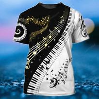 Jazz 3D printed piano guitar pattern men's fashionable round neck short sleeved T-shirt XS