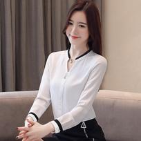 SURE XIAO STORY Moteriški viršūnės ir palaidinės harajuku Beading Chiffon palaidinė Solid V formos kaklo balti marškiniai S balta