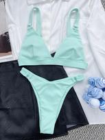 Seksualus aukštų kojų kirpimo briaunotas bikinis, moteriškas maudymosi kostiumėlis Moteriškas maudymosi kostiumėlis Dviejų dalių bikinio rinkinys Paminkštintas maudymosi kostiumėlis Moteriai S juoda