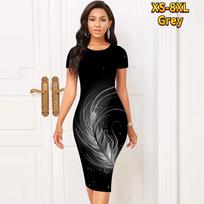Slim Short Sleeve Knee-length Dress Fashion Women Midi 3D Multicolored Feathers Print Dress XS mėlyna