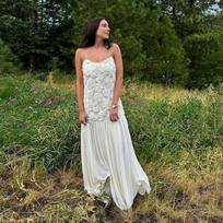 Moteriška šifono suknelė Elegantiška balta atviru nugara 3D gėlių petnešėlėmis Klostuota A formos mozaikinio dizaino Vasaros paplūdimio atostogų chalatas Vakarinė Vestidos suknelė S balta