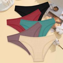 FINETOO 5Pcs Woman Cotton Underwear Sexy Breathable Striped Briefs Female Solid Color Soft Underpants Girls Comfortable Lingerie M-XL M&5pcs