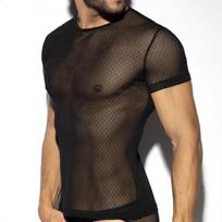 American New Men's Summer Lace Sheer Fashion Tops Round Neck Casual Personality T-shirt M juoda