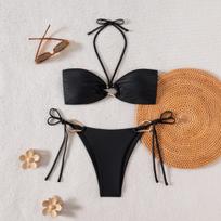 Moteriškas be petnešėlių su kaklaraiščiu, dvipusio nešiojimo, aukšto juosmens, seksualus, su skeltuku, bikini maudymosi kostiumas S juoda