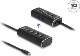 DeLOCK 4 Port USB 10Gbps Hub mit USB Type-C™ Anschluss 60 cm Kabel und Schalter für jeden Port - USB 3.2 Gen 1 (3.1 Gen 1) Type-C - USB 3.2 Gen 1 (3.1 Gen 1) Type-A - 10000Mbit/s - Schwarz - Metall - Rundkabel (64233)
