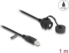 Delock Kabel USB 2.0 Typ-B Stecker zu USB 2.0 Typ-B Buchse zum Einbau mit Bajonett-Verschlusskappe IP68 staub- und wasserdicht 1 m schwarz (88011)