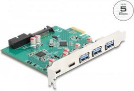 DELOCK USB 5Gbps PCI Express x1 Karte zu 3 x extern Typ-A + 2 x extern USB Type-C Buchse und 1 x intern 19 Pin USB Pfostenstecker
