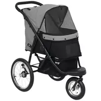 PawHut vežimėlis šunims ir katėms, sulankstomas, bėgimui, katėms ir mažiems šunims iki 10 kg, su 3 dideliais guminiais ratais, pagalvėle, tinkliniais langais, daiktadėže ir saugos pavadėliais, pilkas