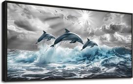 Medžio Masyvo Juodo Rėmo Paveikslas Ant Drobės Delfinai 50X100 Cm, 50x100 cm