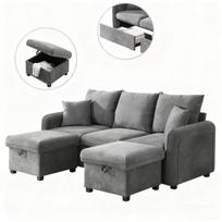 U formos kampinė sofa su stalčiais ir pufu, šenilinis audinys