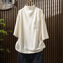 Women's Elegant Lace Pocket Semi-High Neck T-Shirt XXL