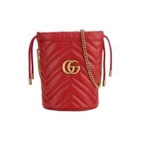 GUCCI GG Marmont auksinės etiketės logotipas dygsniuotas grandinėlės peties dirželis raišteliu užtraukiamas maišelis- kibirėlis messenger tipo krepšys odinis vieno peties krepšys mini moteriškas raudonas One Size-Basic Set (Bag+Dust Bag) raudona