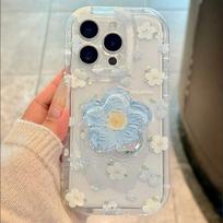 Cute Quicksand Flower Holder Phone Case For iPhone 16 15 14 13 12 11 Pro Max Plus Stand Floral Clear Soft Shockproof Cover Silicon&iPhone 11 Pro Max mėlyna