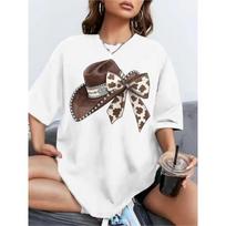 European Size Western Cowboy Hat & Bow Print T-Shirt - White Short Sleeve Round Neck Relaxed Fit Top with Bow & Hat, Casual All-Season Blouse S balta